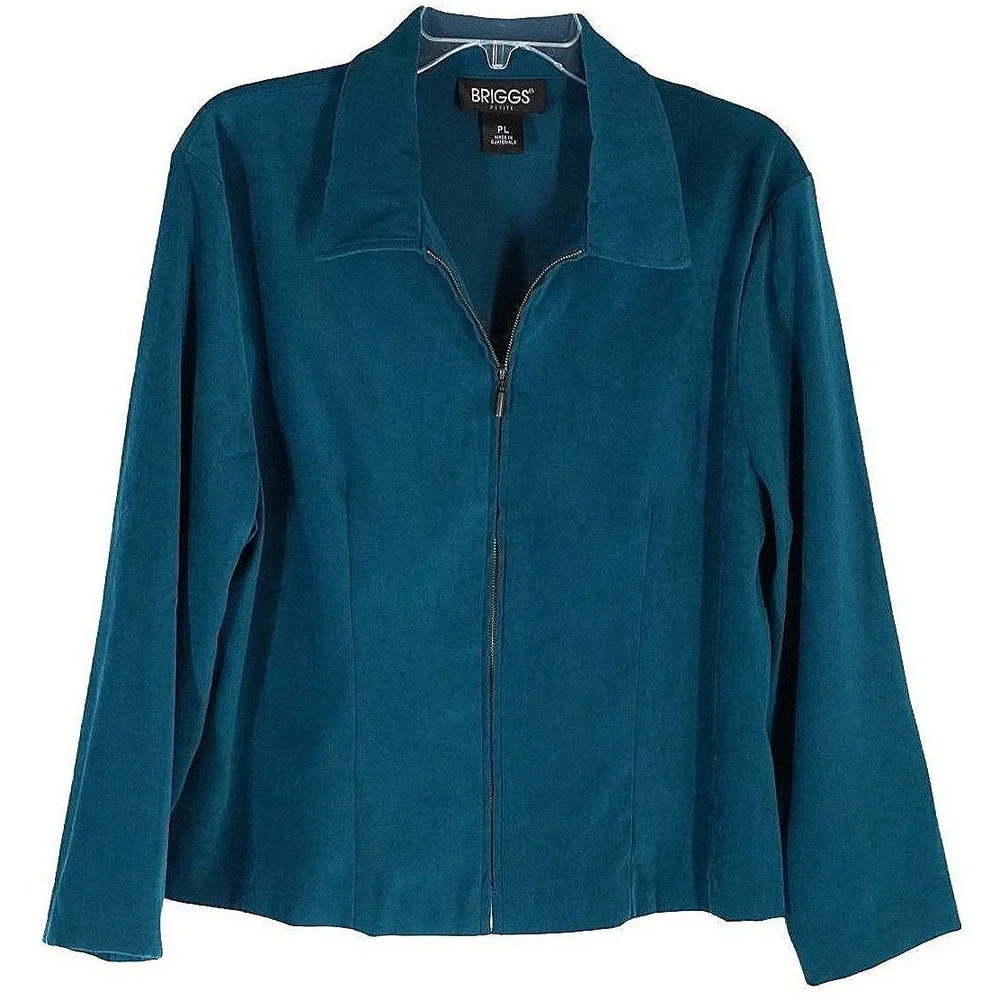Briggs Pant Suit Womens PL Teal Blue Faux Suede Zip Jacket‎ Straight Leg 2 Piece